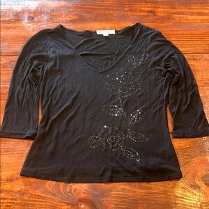 Vintage White House Black Market Bedazzled Crystal Rose Art Fitted Top